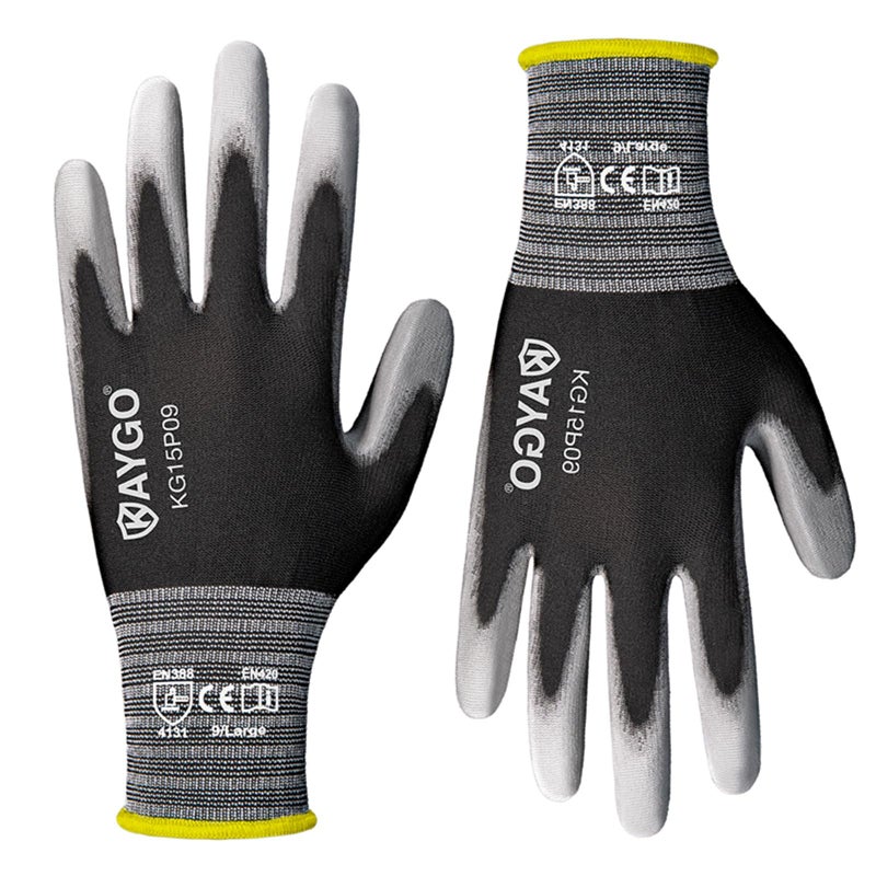 KAYGO Work Gloves PU Coated-60 Pairs, KG15P,Nylon Lite Polyurethane Safety Work Gloves, Gray Polyurethane Coated, Knit Wrist Cuff,Ideal for Light Duty Work(L (60Pairs), Black) - Image 1